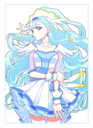 Rule 34 | 1girl, bell, blue border, blue dress, blue eyes, blue hair, blunt bangs, border, collarbone, commentary request, cowboy shot, cure ange, detached collar, dress, earrings, gem, grabbing own arm, hair bell, hair ornament, headdress, highres, hugtto! precure, jewelry, layered dress, long hair, looking at viewer, magical girl, outline, panda cube, parted lips, pink lips, pouch, precure, see-through, see-through sleeves, simple background, single stripe, solo, sparkle, turning head, very long hair, white background, white dress, white outline, wing hair ornament, wrist cuffs, yakushiji saaya