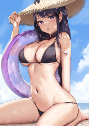 Rule 34 | 1girl, absurdres, arm behind back, barefoot, beach, bikini, black bikini, black hair, blue sky, blush, braid, breasts, cleavage, cloud, commentary, detached collar, dot nose, english commentary, genshin impact, hand on headwear, hat, highres, holding, holding swim ring, innertube, large breasts, looking at viewer, low-braided long hair, low-tied long hair, navel, o-ring, o-ring bikini, outdoors, parted lips, purple eyes, purple hair, raiden shogun, sitting, skai kun, skindentation, sky, solo, stomach, straw hat, sun hat, swim ring, swimsuit, thighs, underboob, water