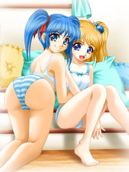 Rule 34 | 2girls, ass, banpresto, barefoot, bent over, blonde hair, blue eyes, blue hair, bra, camisole, feet, hair bobbles, hair ornament, hair ribbon, lingerie, mio sasuga, multiple girls, panties, pillow, presia zenoskis, ribbon, spaghetti strap, striped clothes, striped panties, super robot wars, super robot wars the lord of elemental, toes, twintails, underwear, underwear only