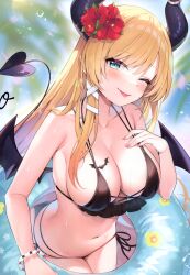 Rule 34 | 1girl, absurdres, ayamy, bikini, black bikini, blonde hair, blurry, blurry background, bracelet, breasts, collarbone, demon girl, demon horns, demon tail, demon wings, flower, green eyes, hair flower, hair ornament, hand on own chest, hibiscus, highres, holding, hololive, horns, innertube, jewelry, large breasts, long hair, looking at viewer, navel, one eye closed, pointy ears, scan, simple background, smile, solo, stomach, swim ring, swimsuit, tail, tongue, tongue out, virtual youtuber, water, water drop, wet, wings, yuzuki choco