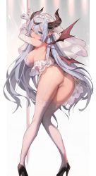 Rule 34 | 1girl, :o, absurdres, ass, blue eyes, blue hair, breasts, bridal veil, commentary, cross, elbow gloves, from behind, garter straps, gloves, high heels, highres, knees together feet apart, large breasts, latin cross, long hair, looking at viewer, looking back, ludaf, original, parted lips, pointy ears, pole, pumps, sideboob, solo, stripper pole, thighhighs, veil, very long hair, white gloves, white thighhighs