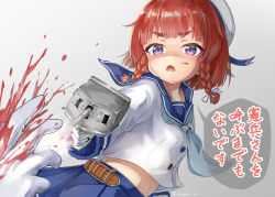 Rule 34 | 1girl, blood, blood on face, blue neckerchief, blue ribbon, blue sailor collar, blue skirt, bob cut, braid, buttons, commentary request, etorofu (kancolle), firing, gloves, hair between eyes, hair ribbon, hat, holding, holding weapon, kantai collection, long sleeves, midriff, muzzle flash, navel, neckerchief, oonaka ito, open mouth, pleated skirt, purple eyes, red hair, ribbon, sailor collar, sailor hat, school uniform, serafuku, shaded face, side braid, simple background, skirt, speech bubble, standing, thick eyebrows, translation request, tress ribbon, tsurime, turret, twin braids, weapon, white gloves, white headwear