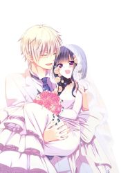 Rule 34 | 10s, 1boy, 1girl, black hair, blush, bouquet, bridal gauntlets, bridal veil, bride, carrying, closed eyes, collarbone, dress, elbow gloves, eyebrows, flower, gloves, groom, hair flower, hair ornament, highres, holding, holding bouquet, inu x boku ss, jewelry, long hair, miketsukami soushi, necklace, necktie, open mouth, princess carry, purple eyes, ring, see-through, shirakiin ririchiyo, short hair, silver hair, simple background, veil, wedding dress, white background, white dress, white gloves