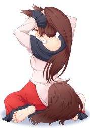 Rule 34 | 1girl, adjusting hair, animal ears, barefoot, blush, breasts, brown hair, dress, feet, full body, holding, holding hair, imaizumi kagerou, long skirt, long sleeves, looking at viewer, looking back, mamedenchi, nape, open mouth, ponytail, red eyes, simple background, skirt, solo, tail, toes, touhou, tying hair, white background, wide sleeves, wolf ears, wolf tail