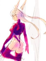 Rule 34 | 1girl, angel wings, ass, boots, breasts, closed mouth, final fantasy, final fantasy tactics, gloves, grey hair, head wings, highleg, highleg leotard, highres, leotard, long hair, miyama (lacrima01), red leotard, red thighhighs, smile, solo, thigh boots, thighhighs, ultima (fft), white hair, wings