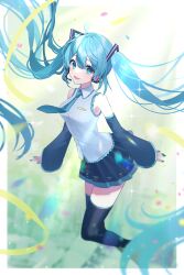Rule 34 | 1girl, absurdly long hair, absurdres, aqua eyes, aqua hair, aqua nails, aqua necktie, bare shoulders, black skirt, black sleeves, black thighhighs, border, commentary request, detached sleeves, feet out of frame, floating hair, hair ornament, hatsune miku, headset, highres, long hair, long sleeves, looking at viewer, microphone, miniskirt, nail polish, necktie, open mouth, outside border, pleated skirt, shirt, skirt, sleeveless, sleeveless shirt, sleeves past wrists, smile, soda dokka ikou, solo, thighhighs, twintails, very long hair, vocaloid, white border, white shirt