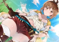 Rule 34 | 1girl, atelier (series), atelier ryza, atelier ryza 1, belt, beret, blue belt, blue sky, blush, bracelet, bridal legwear, brown belt, brown eyes, brown gloves, brown hair, cloud, cloudy sky, commentary, day, dutch angle, feathers, flask, gloves, hair ornament, hairclip, hand on own hip, hat, highres, holding, holding staff, jacket, jewelry, leather, leather belt, leather gloves, light particles, looking at viewer, micro shorts, midriff, navel, necklace, parted lips, pouch, red shorts, reisalin stout, shirt, short hair, short sleeves, shorts, single glove, sky, sleeveless, sleeveless jacket, solo, sparkle, staff, standing, star (symbol), star necklace, thigh pouch, thighs, vial, white hat, white shirt, yamakonbu, yellow jacket