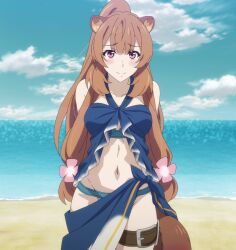 Rule 34 | 1girl, animal ears, anime screencap, aqua panties, arms behind back, bare shoulders, beach, belly, belt, belt buckle, bikini, blue sky, blush, breasts, brown hair, buckle, closed mouth, cloud, cloudy sky, collarbone, criss-cross halter, day, female focus, flower, groin, hair flower, hair ornament, halterneck, happy, highres, large breasts, long hair, looking at viewer, medium breasts, navel, ocean, outdoors, panties, pink eyes, ponytail, raccoon ears, raccoon girl, raccoon tail, raphtalia, revealing clothes, screencap, sky, smile, solo, standing, stitched, swimsuit, tail, tate no yuusha no nariagari, thigh strap, thighs, third-party edit, underwear, very long hair