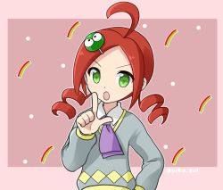 Rule 34 | 1girl, ahoge, andou ringo, blush, collared shirt, drill hair, green eyes, grey sweater, hair ornament, index finger raised, long sleeves, looking at viewer, necktie, open mouth, pink background, purple neckwear, puyo (puyopuyo), puyopuyo, puyopuyo tetris, red hair, shirt, short necktie, sweater, takazaki piko, twin drills, twitter username, v-neck, white shirt