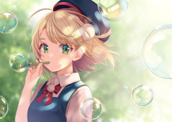 Rule 34 | 1girl, ahoge, blonde hair, blush, blowing bubbles, collared shirt, dress, green background, green eyes, hair ornament, hat, highres, indie virtual youtuber, neck ribbon, pinafore dress, pom pom (clothes), pom pom hair ornament, red ribbon, ribbon, shigure ui, shigure ui (channel), shigure ui (vtuber), shirt, short hair, sleeveless, sleeveless dress, solo, sweater vest, upper body, virtual youtuber, white shirt