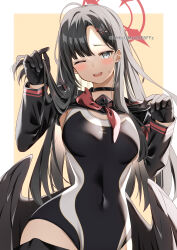 Rule 34 | 1girl, absurdres, black choker, black gloves, black hair, black one-piece swimsuit, black sailor collar, black wings, blue archive, blush, breasts, choker, covered navel, feathered wings, gloves, grey eyes, hair ornament, hairclip, halo, highres, ichika (blue archive), long hair, long sleeves, looking at viewer, low wings, medium breasts, neckerchief, one-piece swimsuit, one eye closed, open mouth, red halo, red neckerchief, sailor collar, solo, swimsuit, swimsuit under clothes, twitter username, wings, yamano rokamizu