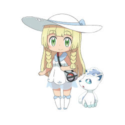 1girl bag blonde_hair blue_footwear blunt_bangs blush braid chibi closed_mouth commentary creatures_(company) dress duffel_bag eyelashes game_freak green_eyes hat holding_strap lillie_(pokemon) long_hair nintendo poke_ball_print pokemon pokemon_(anime) pokemon_sm_(anime) scarletsky shoes sleeveless sleeveless_dress smile socks standing sun_hat twin_braids white_dress white_hat white_socks