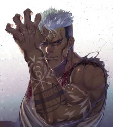 Rule 34 | 1boy, arm tattoo, arm up, biceps, blood, blood on clothes, closed mouth, cross scar, dark-skinned male, dark skin, fullmetal alchemist, gradient background, grey shirt, highres, looking at viewer, male focus, muscular, muyukikiyoshi11521, open hand, red eyes, scar, scar (fma), scar on face, shirt, short hair, sleeveless, solo, tattoo, upper body, white background, white hair