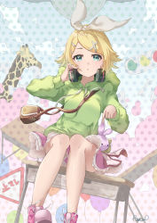 Rule 34 | 1girl, :o, absurdres, aqua eyes, azusa (azunyan12), bag, balloon, blonde hair, blue sky, bow, cloud, commentary, day, desk, feet out of frame, frilled skirt, frills, giraffe, green hoodie, hair bow, hair ornament, hairclip, hand on headphones, headphones, headphones around neck, highres, hood, hoodie, kagamine rin, knee blush, looking at viewer, melancholic (vocaloid), miniskirt, parted lips, pink footwear, pink skirt, polka dot, polka dot background, rabbit, road sign, shoes, short hair, shoulder bag, sign, signature, sitting, skirt, sky, sneakers, solo, stop sign, stuffed animal, stuffed toy, swept bangs, traffic light, vocaloid, white bow
