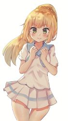 Rule 34 | 1girl, absurdres, blonde hair, blush, closed mouth, commentary, creatures (company), floating hair, game freak, green eyes, hands up, highres, lillie (pokemon), long hair, looking at viewer, nintendo, pleated skirt, pokemon, pokemon sm, saki (14793221), shiny skin, short sleeves, simple background, skirt, smile, solo, white background