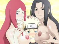 Rule 34 | 1boy, 2girls, blonde hair, blush, breast rest, breast smother, breasts, breasts on head, clothed male nude female, drooling, face to breasts, incest, mature female, mother and son, multiple girls, neeba, nude, red hair, saliva, tagme, uchiha mikoto, uzumaki kushina, uzumaki naruto