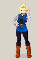 Rule 34 | 1girl, absurdres, android 18, belt, black shirt, blonde hair, blouse, blue eyes, boots, dragon ball, dragonball z, ear piercing, earrings, full body, grey background, hand on own hip, highres, jacket, jewelry, layered sleeves, leggings, long sleeves, looking at viewer, pantyhose, piercing, rokoido12, shiny clothes, shirt, short hair, short over long sleeves, short sleeves, simple background, skin tight, skirt, solo
