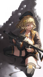 Rule 34 | 1girl, absurdres, anis (nikke), axoo, breasts, broken wall, brown eyes, bullet hole, cleavage, cleavage cutout, clothing cutout, goddess of victory: nikke, grenade launcher, hair ornament, hat, highres, jacket, large breasts, light brown hair, open clothes, open jacket, open mouth, short hair, short shorts, shorts, skindentation, smoke grenade, squatting, thigh strap, thighhighs, weapon, white background