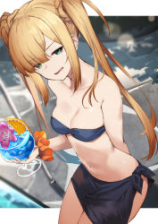Rule 34 | 1girl, :d, alternate hairstyle, amagasa yun, arm behind back, bandeau, bare arms, bare shoulders, bikini, black bikini, blonde hair, blue eyes, blue hawaii, blurry, breasts, cleavage, collarbone, cowboy shot, cup, depth of field, drinking glass, fate (series), flower, highres, holding, hurricane glass, long hair, looking at viewer, lord el-melloi ii case files, medium breasts, navel, open mouth, orange scrunchie, purple flower, reines el-melloi archisorte, sarong, scrunchie, sidelocks, smile, smug, solo, standing, stomach, strapless, strapless bikini, swimsuit, tropical drink, twintails, very long hair, wrist scrunchie