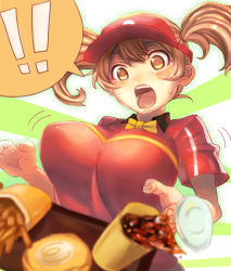 Rule 34 | !, 1girl, :o, blouse, blurry, breasts, brown eyes, brown hair, burger, collared shirt, depth of field, dropping, employee uniform, fast food uniform, food, french fries, hataraku maou-sama!, highres, large breasts, open mouth, red shirt, sasaki chiho, shirt, short hair, short twintails, soda, solo, spilling, tray, twintails, under-siege, uniform