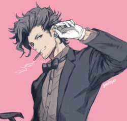 Rule 34 | 1boy, artist name, black bow, black bowtie, black suit, bow, bowtie, brown shirt, cane, cigarette, clenched teeth, earrings, facial hair, formal, gloves, granblue fantasy, hand up, jewelry, long sleeves, male focus, mouth hold, pink background, rackam (granblue fantasy), shirt, smoking, solo, stubble, stud earrings, suit, teeth, upper body, white gloves, yoisho (yoisyoisyo)