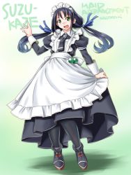 Rule 34 | 1girl, adapted costume, alternate costume, apron, black dress, black necktie, black pantyhose, blue hair, character name, collared dress, dress, enmaided, frilled apron, frills, full body, gradient background, green background, green eyes, kantai collection, long hair, looking at viewer, low twintails, maid, maid headdress, necktie, open mouth, pantyhose, ribbon, salute, smile, solo, standing, suzukaze (kancolle), tatsumi ray, twintails, white apron