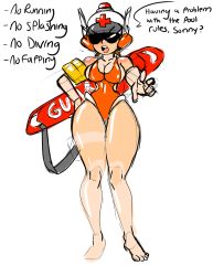 Rule 34 | 1girl, breasts, cleavage, highres, keppok, lifeguard, looking at viewer, mighty switch force!, patricia wagon, simple background, solo, sunglasses, swimsuit, wide hips