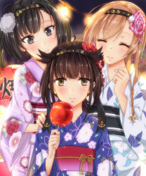 Rule 34 | 10s, 3girls, absurdres, ahoge, akizuki (kancolle), alternate costume, anchor symbol, apple, black eyes, black hair, braid, brown eyes, brown hair, candy apple, closed eyes, festival, floral print, flower, flower on head, food, fruit, furisode, hachimaki, hair ornament, hairband, hatsuzuki (kancolle), headband, height difference, highres, japanese clothes, kantai collection, kimono, lamp, leaf print, light brown hair, light smile, long hair, long sleeves, looking at viewer, multiple girls, obi, outdoors, ponytail, sarfata, sash, short hair, smile, teruzuki (kancolle), twin braids, wide sleeves, yellow eyes