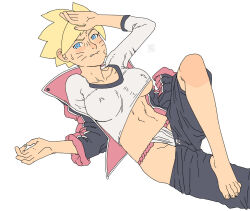 Rule 34 | 1girl, ac120, barefoot, black jacket, black shorts, blonde hair, blue eyes, blush, boruto: naruto next generations, clothes lift, clothes pull, collarbone, collared jacket, covered erect nipples, facial mark, feet, female focus, foot out of frame, fundoshi, genderswap, genderswap (mtf), hand on forehead, highres, jacket, japanese clothes, knee up, lip biting, lying, naruto (series), navel, on back, open clothes, open jacket, shirt, shirt lift, short hair, shorts, shorts pull, simple background, solo, sweat, toes, uzumaki boruto, whisker markings, white background, white shirt
