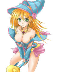 Rule 34 | &gt;:), 1girl, bare shoulders, blonde hair, blue footwear, blush, boots, breasts, choker, cleavage, closed mouth, collarbone, dark magician girl, duel monster, from above, green eyes, hair between eyes, hat, large breasts, long hair, looking at viewer, looking up, pentacle, simple background, solo, staff, tenjou tsuki, v-shaped eyebrows, v arms, white background, wizard hat, yu-gi-oh!