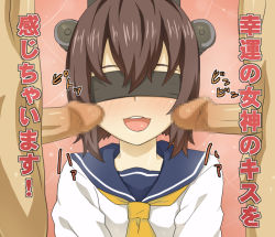 Rule 34 | 10s, 1girl, 2boys, :3, bad id, bad pixiv id, blindfold, blush, brown hair, dress, kameneji, kantai collection, mosaic censoring, multiple boys, multiple penises, open mouth, penis, personification, sailor dress, short hair, smile, solo focus, text focus, translated, yukikaze (kancolle)