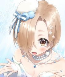 Rule 34 | 1girl, applepie (12711019), bare shoulders, blonde hair, blue bow, blush, bow, breasts, brown eyes, cleavage, detached sleeves, ear piercing, earrings, from above, hair ornament, hair over one eye, highres, idolmaster, idolmaster cinderella girls, idolmaster cinderella girls starlight stage, jewelry, looking at viewer, nail polish, necklace, open mouth, pearl necklace, piercing, shirasaka koume, smile, snow, snowflake hair ornament, snowflake print, solo, upper body