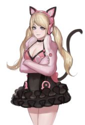 Rule 34 | 1girl, arc2urus, black dress, blue eyes, breasts, cat tail, cleavage, closed mouth, crossed arms, dress, fake tail, frilled dress, frills, headphones, highres, long hair, long sleeves, lucky chloe, medium breasts, shrug (clothing), simple background, smile, solo, tail, tekken, tekken 7, twintails, white background