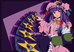 Rule 34 | 1girl, bad id, bad pixiv id, black legwear, book, card, crescent, crescent hair ornament, dress, hair ornament, hat, long hair, mob cap, open mouth, patchouli knowledge, purple hair, red eyes, semikichi, solo, striped clothes, striped dress, touhou