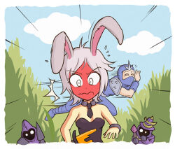 Rule 34 | 1boy, 1girl, 2others, blush, breasts, cleavage, closed eyes, embarrassed, full-face blush, grass, karbo, leotard, medium breasts, multiple others, necktie, ninja, rabbit ears, short hair, white hair