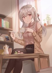 Rule 34 | 1girl, :o, bad id, bad twitter id, black pantyhose, black skirt, blush, book, bookshelf, bow, braid, crossed legs, cup, curtains, food, hair bow, holding, holding cup, indoors, jacket, long hair, long sleeves, looking at viewer, open mouth, original, pantyhose, pastry, plant, plate, potted plant, red eyes, shirt, sitting, skirt, sleeveless, sleeveless shirt, solo, table, teacup, teapot, tokkyu, white hair, window