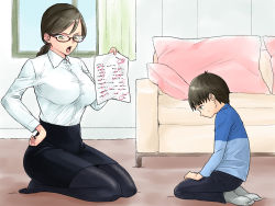 Rule 34 | 1boy, 1girl, and opi, black hair, black pantyhose, black skirt, blue shirt, glasses, green eyes, hand on own hip, highres, holding, holding paper, mother and son, open mouth, original, paid reward available, pantyhose, paper, scolding, seiza, shirt, sitting, skirt, socks, sweatdrop, test score, white shirt