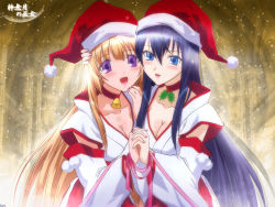Rule 34 | 00s, 2girls, :d, alternate costume, bell, blue eyes, blue hair, blush, breasts, choker, christmas, cleavage, collarbone, copyright name, couple, detached sleeves, female focus, fujii maki, hair between eyes, hat, himemiya chikane, holding hands, holidays, holly, interlocked fingers, japanese clothes, jewelry, kannazuki no miko, kimono, kurusugawa himeko, large breasts, light brown hair, long hair, medium breasts, miko, multiple girls, neck, neck bell, necklace, official art, official wallpaper, open mouth, pom pom (clothes), purple eyes, santa costume, santa hat, short sleeves, side-by-side, smile, string, string of fate, wallpaper, white detached sleeves, white kimono, yuri
