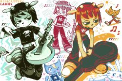 Rule 34 | &gt; &lt;, @ @, character name, christy frisby, furry, furry female, guitar, guitar case, heart, holding, holding instrument, horns, instrument, instrument case, katy kat, lammy (um jammer lammy), limited palette, midriff, music, musical note, navel, pants, parappa, parappa the rapper, pixel art, playing instrument, shoes, short hair, um jammer lammy, wristband