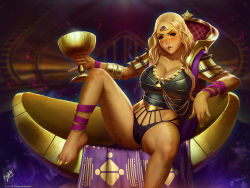 Rule 34 | 1girl, armor, blonde hair, breastplate, breasts, brown eyes, calus (destiny), cameltoe, cape, chalice, colored skin, cup, destiny (game), feet, forehead jewel, genderswap, genderswap (mtf), highres, holding, holding cup, jewelry, knee up, large breasts, leg up, leotard, nail polish, orange skin, pinky out, ring, sitting, solo, spread legs, themaestronoob, throne