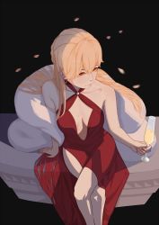 Rule 34 | 1girl, bare legs, black background, blonde hair, breasts, champagne flute, cleavage, collarbone, crossed legs, cup, dress, drinking glass, earrings, from above, fur, girls&#039; frontline, hsubo, jewelry, long hair, looking away, applying manicure, official alternate costume, ots-14 (girls&#039; frontline), ots-14 (ruler of the banquet) (girls&#039; frontline), petals, red dress, sitting, small breasts, solo, wine glass, yellow eyes