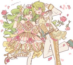 Rule 34 | 1boy, 1girl, ascot, bad id, bad pixiv id, boots, colored eyelashes, crossover, dress, ensemble stars!, falulu (awakened), flower, foot out of frame, forehead jewel, gold trim, green hair, grey eyes, hair between eyes, hand up, headphones, high heel boots, high heels, idol clothes, jacket, long hair, long sleeves, looking at viewer, meremero, one eye closed, open mouth, pants, parted bangs, petals, pretty series, pripara, purple eyes, red flower, red rose, rose, rose petals, shoes, short hair, sidelocks, sleeveless, sleeveless dress, smile, standing, standing on one leg, tomoe hiyori, translation request, twintails, v, very long hair, white footwear, white jacket, white pants, wrist cuffs