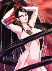 Rule 34 | 1girl, armpits, arms behind head, arms up, bayonetta, bayonetta (series), bayonetta 1, black hair, breasts, censored, convenient censoring, dual wielding, earrings, elbow gloves, eyeshadow, glasses, gloves, gun, hair censor, highres, holding, jewelry, large breasts, long hair, makeup, mole, mole under mouth, navel, nude, solo, usatarou, very long hair, weapon