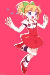 Rule 34 | 1girl, blonde hair, blue eyes, bow, clenched hand, full body, green bow, hair bow, high ponytail, highres, hooded dress, jumping, leg up, mega man (classic), mega man (series), mega man 11, open mouth, ponytail, red footwear, roll (mega man), shoes, simple background, smile, solo, umeashida
