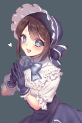 Rule 34 | 1girl, :d, ai (blacktea milk), black gloves, blue eyes, blue gloves, blue hat, blush, bonnet, boudoir dream (identity v), bow, brown hair, commentary request, dress, emma woods, fingers together, frills, gloves, hat, heart, highres, identity v, looking at viewer, lower teeth only, official alternate costume, open mouth, own hands together, ribbon, short hair, short sleeves, simple background, skirt, smile, solo, teeth