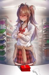 Rule 34 | 1girl, blush, bow, breasts, brown hair, buying condoms, cardigan, cardigan around waist, clothes around waist, condom box, crossed arms, deluxe&lt;&lt;&lt;, full-face blush, hair between eyes, highres, indoors, long hair, looking to the side, okamoto condoms, original, pleated skirt, red eyes, school uniform, shirt, shop, skirt, small breasts, solo, standing, white shirt