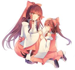 Rule 34 | 2girls, ass, bow, brown eyes, brown hair, crying, detached sleeves, hair bow, hair tubes, hakurei reimu, hand on another&#039;s head, kirero, kneeling, long hair, long sleeves, mother and daughter, multiple girls, headpat, red bow, shirt, skirt, skirt set, squatting, touhou, very long hair, wide sleeves