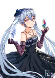 Rule 34 | 10s, 1girl, bare shoulders, crystal, doll joints, dress, essa sazhka, gloves, granblue fantasy, hat, highres, joints, light smile, long hair, looking at viewer, orchis, red eyes, shingeki no bahamut, silver hair, simple background, smile, smug, solo, twintails, very long hair, white background