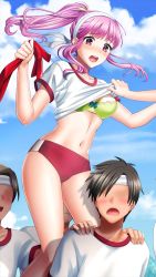 Rule 34 | 1girl, 3boys, assisted exposure, blue sky, blush, bra, breasts, buruma, clothes lift, cloud, collarbone, doukyuusei, doukyuusei another world, faceless, faceless male, floating hair, game cg, green bra, hair ribbon, hands on another&#039;s shoulder, headband, high ponytail, holding, kibasen, lifting another&#039;s clothes, long hair, medium breasts, midriff, multiple boys, navel, official art, open mouth, outdoors, pink hair, red buruma, red eyes, ribbon, sakuragi mai, shirt, shirt lift, short sleeves, sky, stomach, underwear, white headband, white shirt, yellow ribbon