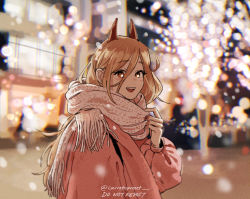 Rule 34 | 1girl, blonde hair, blurry, blush, bokeh, carrotsprout, chainsaw man, christmas, cross-shaped pupils, depth of field, fang, hair between eyes, highres, horns, light particles, looking at viewer, open mouth, pink sweater, power (chainsaw man), red eyes, red horns, scarf, smile, solo, sweater, symbol-shaped pupils, twitter username, white scarf